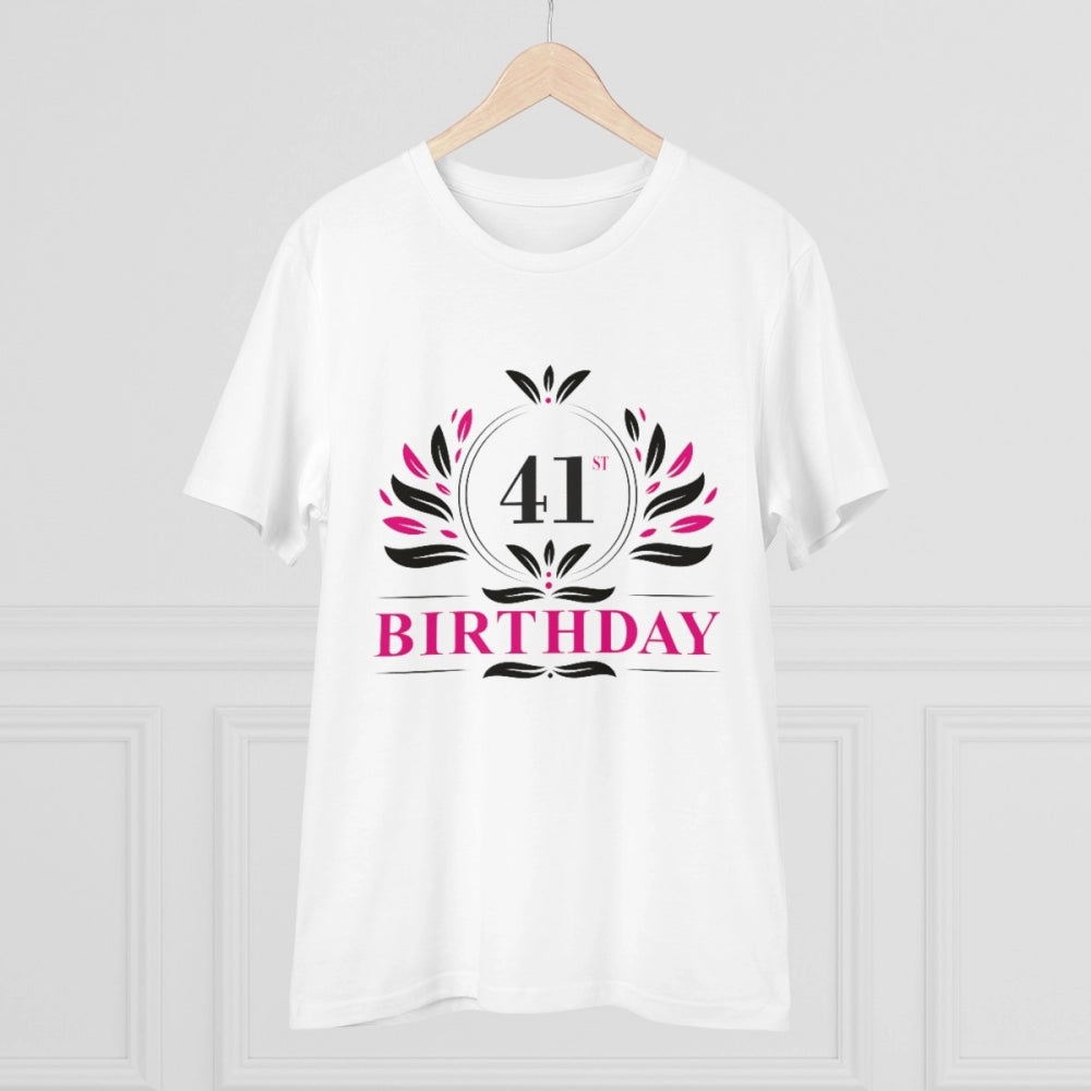 White PC cotton 41st birthday printed men's T-shirt with half sleeves and round neck, high quality thread count 180GSM