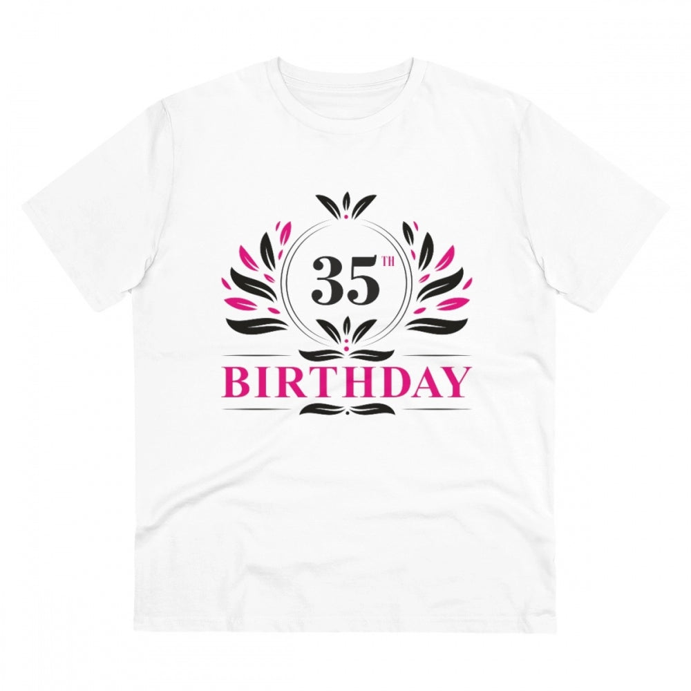 White PC Cotton 35th Birthday Printed T-Shirt (180GSM), men's casual wear with half sleeves and round neck, displayed on a hanger