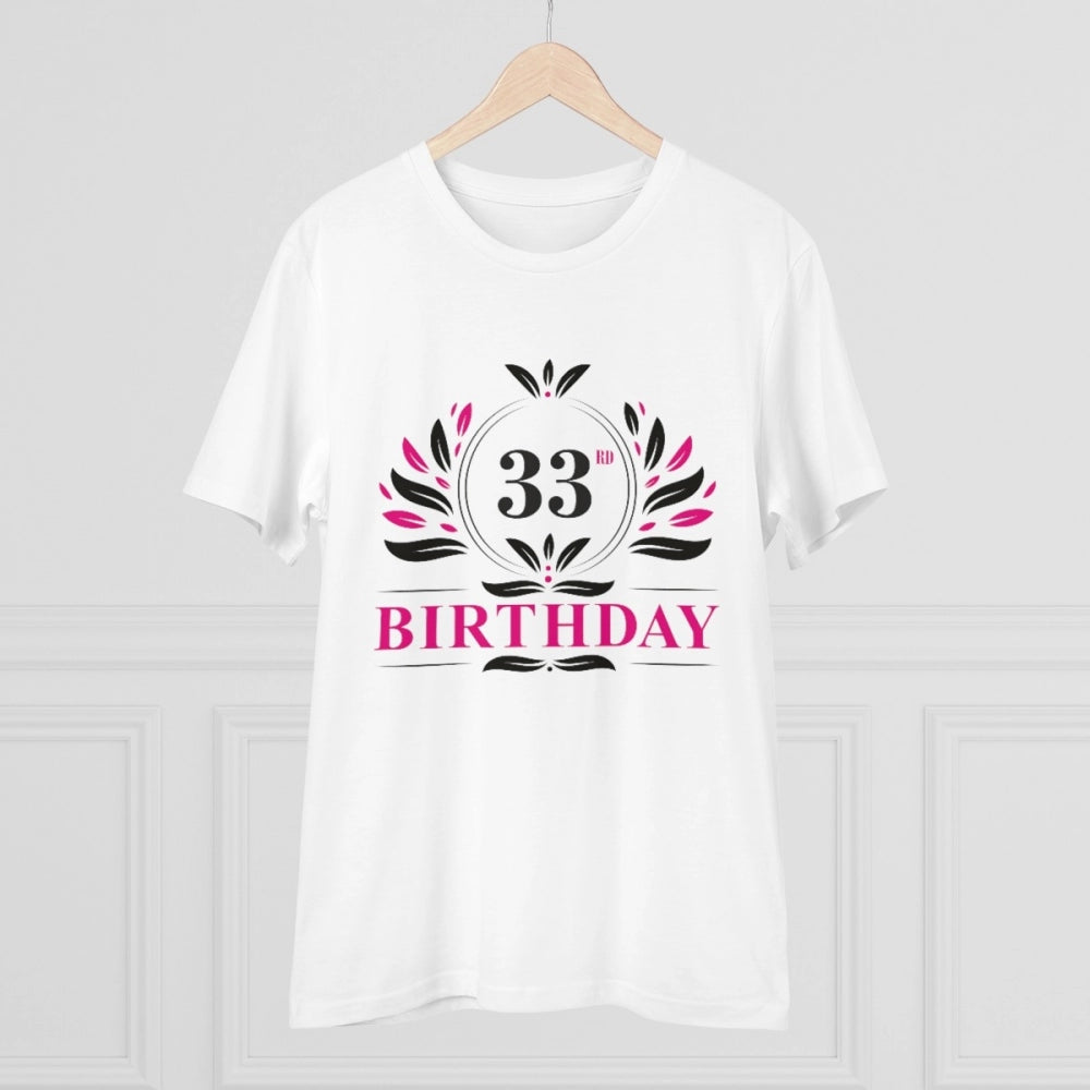 White PC cotton men's 33rd birthday printed half sleeve t-shirt with round neck, 180GSM thread count