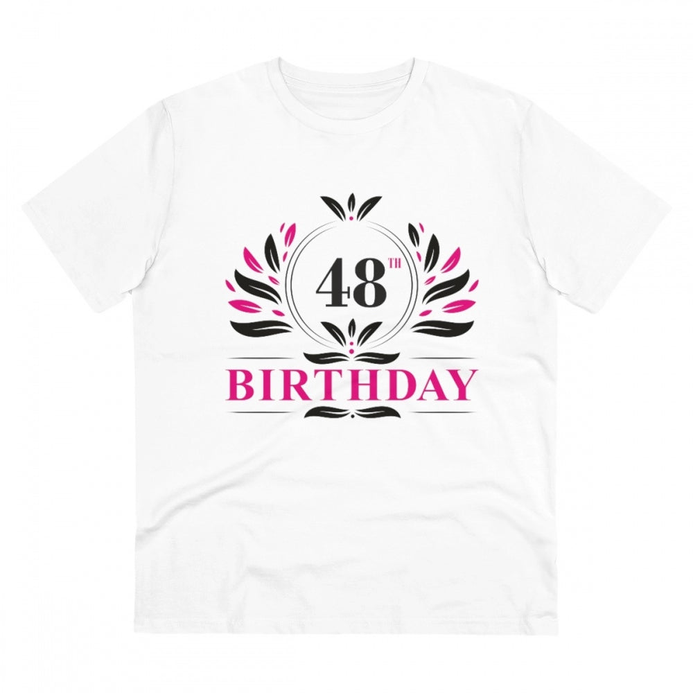 White PC cotton 48th birthday printed half sleeve t-shirt for men, round neck, high quality thread count of 180GSM