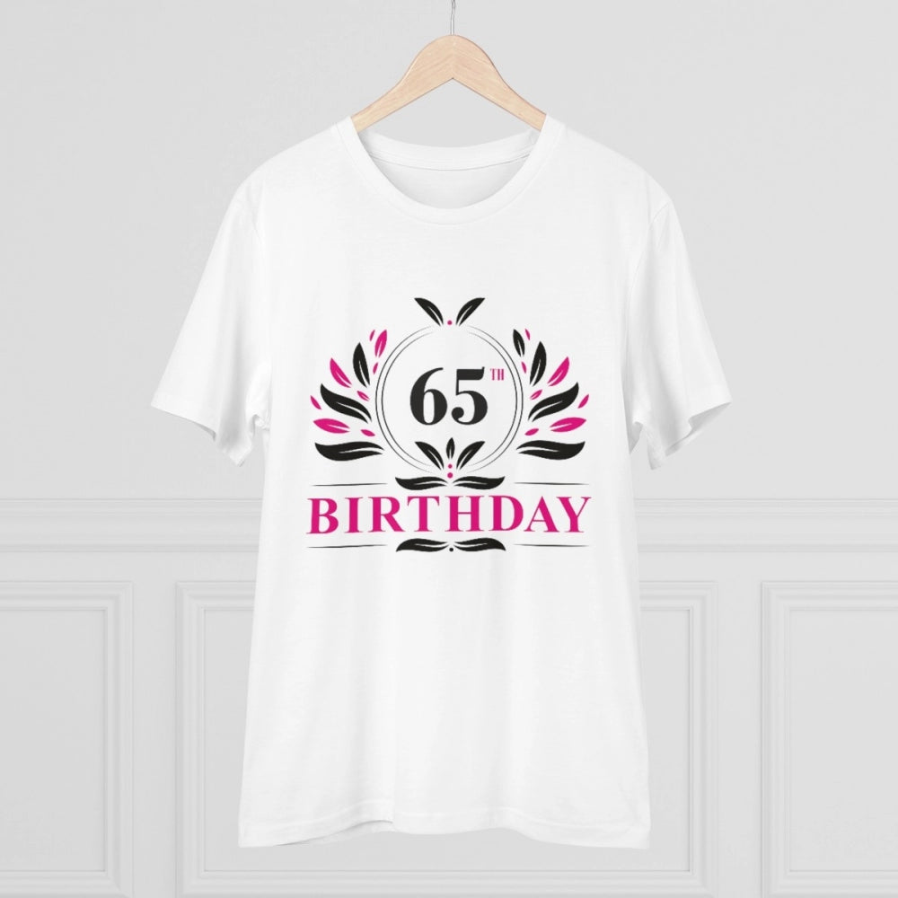 White PC Cotton Men's 65th Birthday Printed Half Sleeve T-Shirt with round neck, suitable for casual occasions