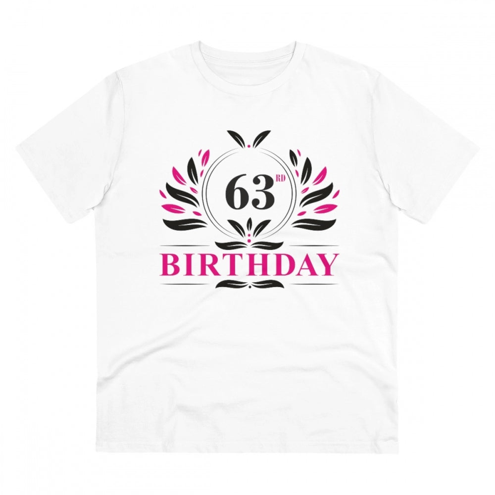 White PC cotton 63rd birthday printed half sleeve t-shirt for men (180GSM) - round neck, casual occasion