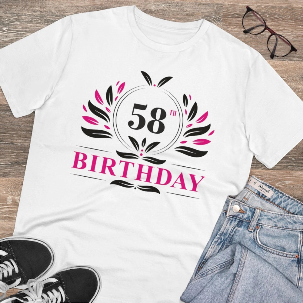 White PC cotton men's 58th birthday half sleeve t-shirt with round neck, 180GSM thread count