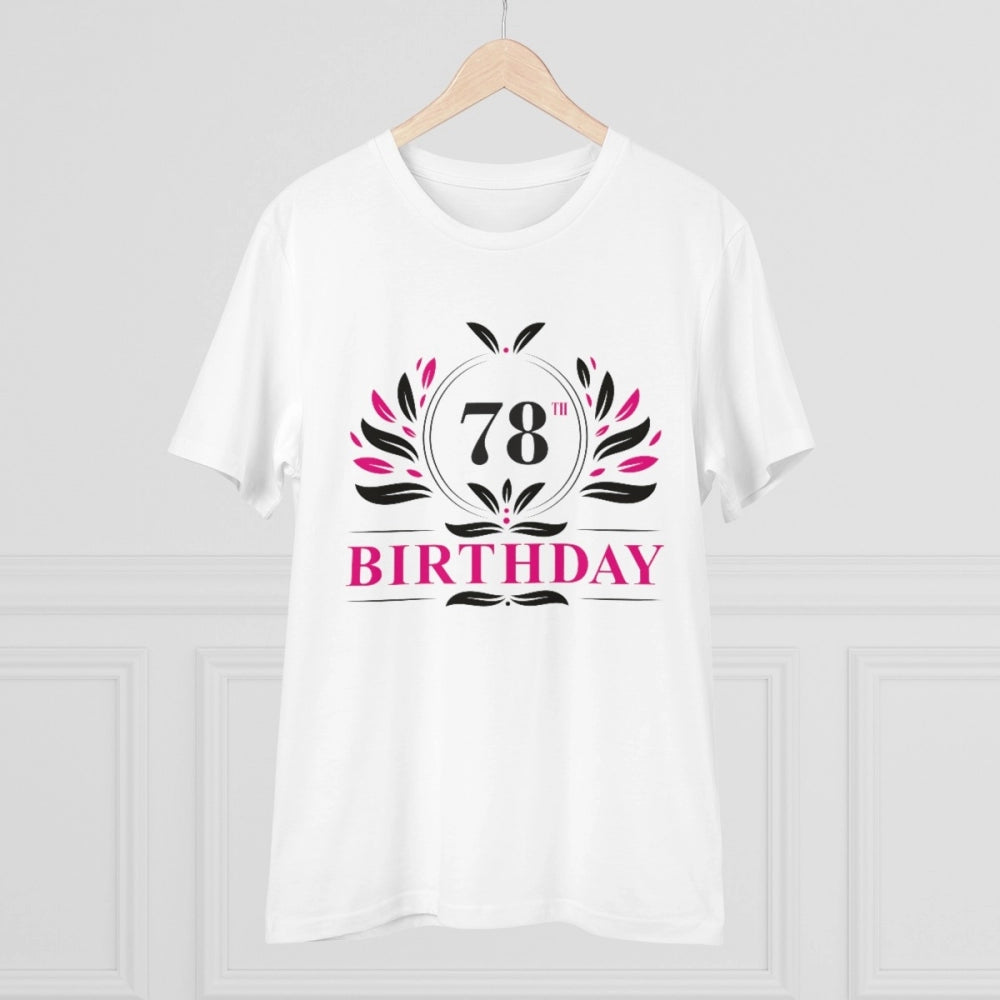 White PC Cotton 78th Birthday Printed T-Shirt (180GSM), men's casual wear with half sleeves and round neck, celebratory design on display
