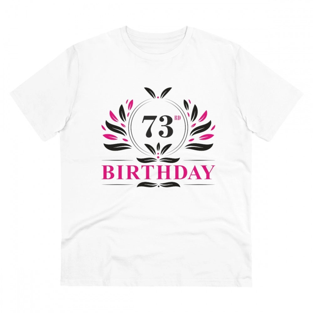 White PC Cotton 73rd Birthday Printed Men's T-Shirt (Half Sleeve, Round Neck, 180GSM)