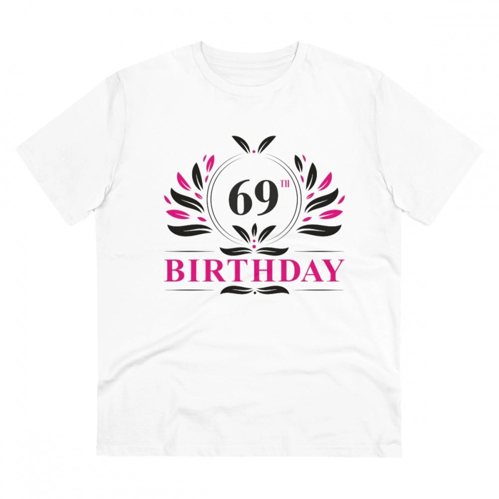 White PC Cotton 69th Birthday printed men's t-shirt (half sleeve, round neck), 180GSM thread count