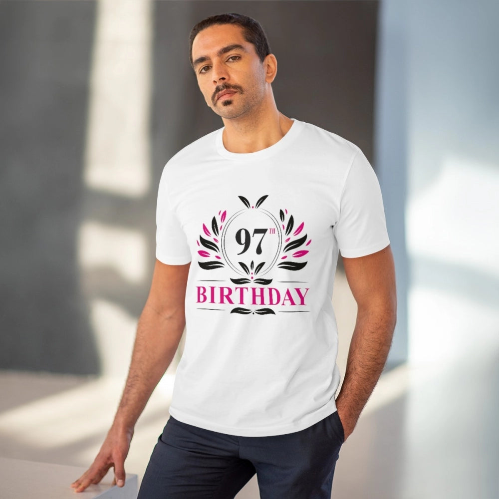 Men's 97th birthday printed white cotton T-shirt with half sleeves and round neck, 180GSM thread count