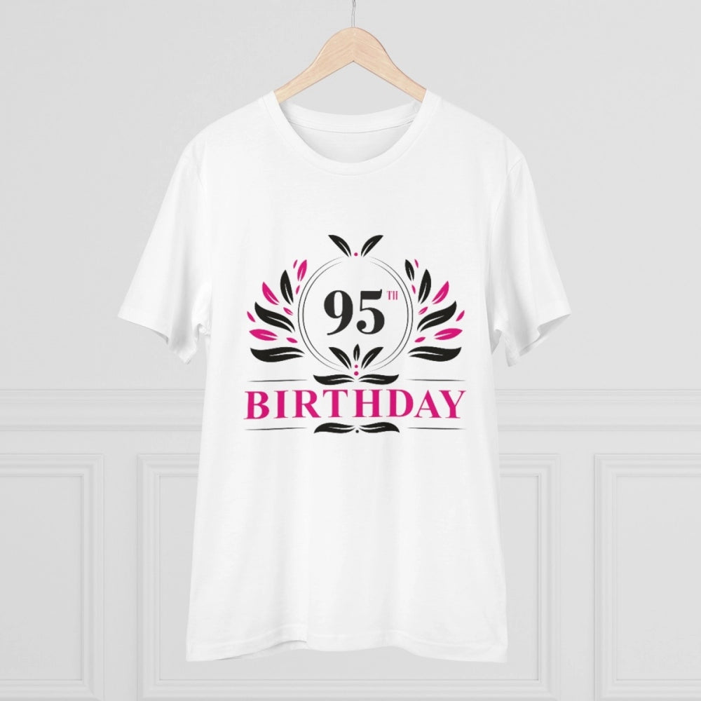White PC Cotton Men's 95th Birthday Printed Half-Sleeve T-Shirt on hanger, round neck, 180GSM thread count