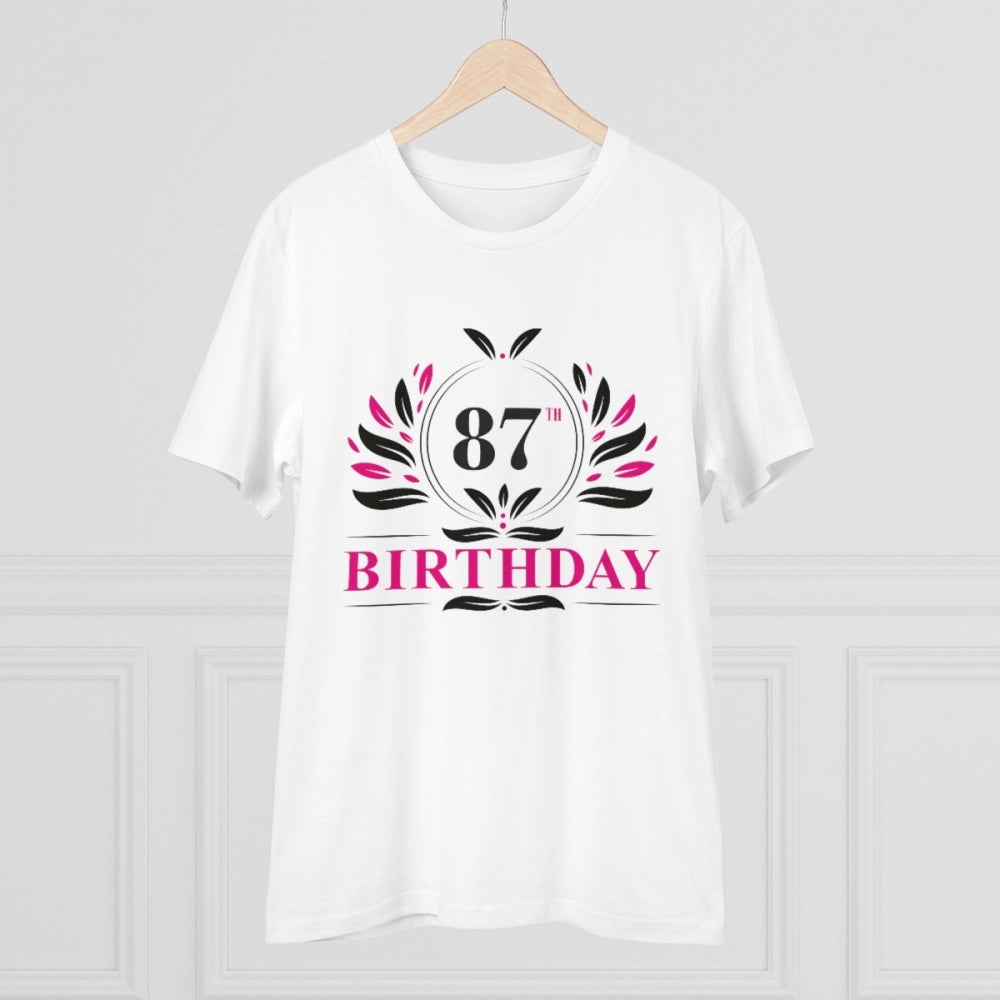 White PC Cotton 87th Birthday Printed T-Shirt (Half Sleeve, Round Neck), men's casual wear on hanger
