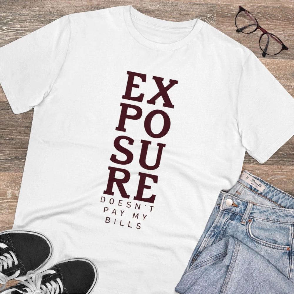 White PC Cotton Exposure Printed T-Shirt (Half Sleeve, Round Neck), men's casual wear