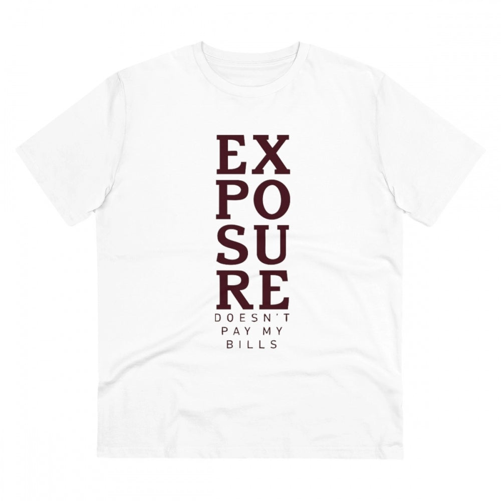 White PC Cotton Exposure Printed T-Shirt (Half Sleeve, Round Neck), 180GSM for casual wear