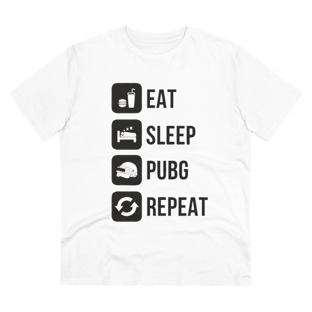White PC Cotton Men's T-Shirt with Eat Sleep Pubg Repeat print, half sleeve, round neck, 180GSM thread count