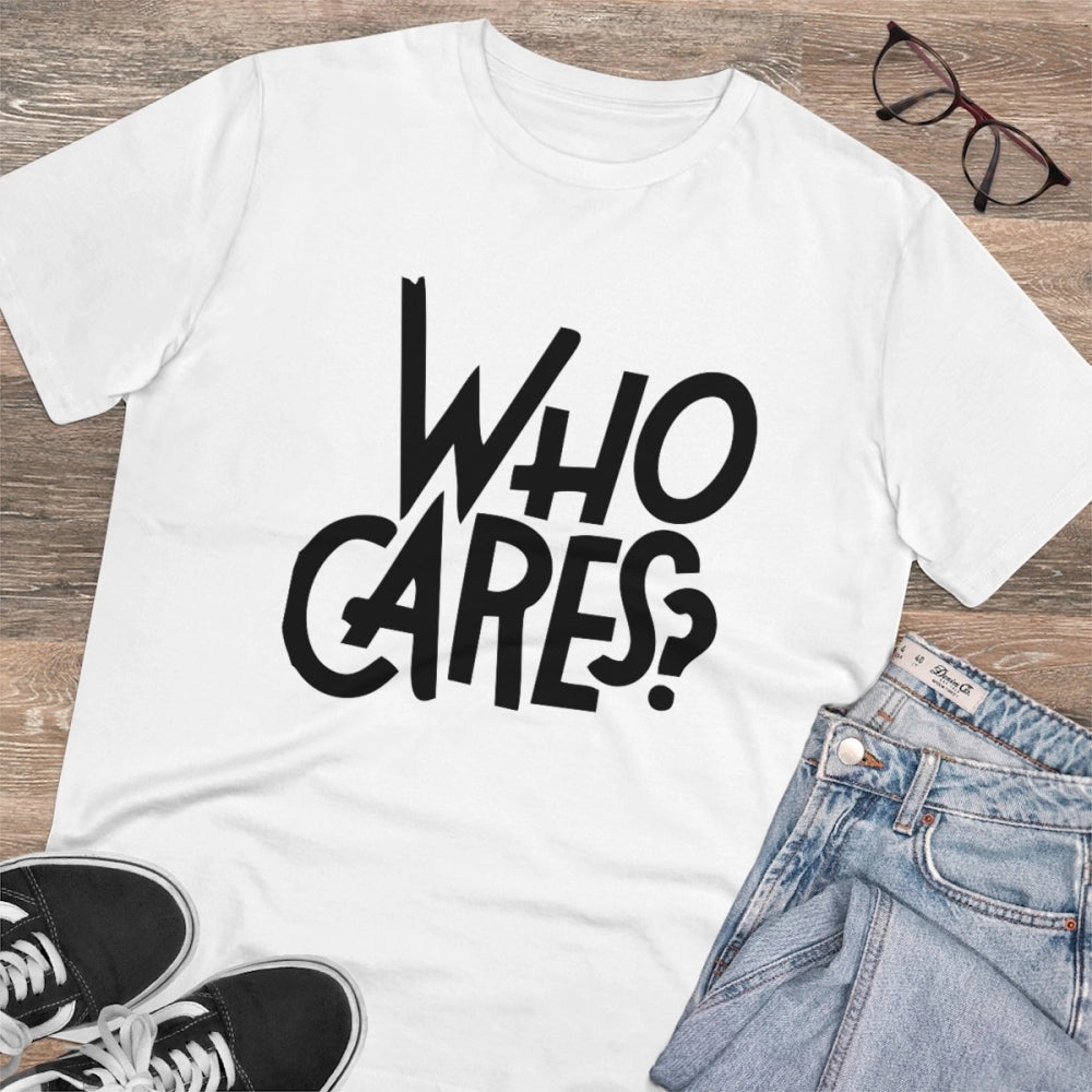 White PC Cotton Men's Who Cares Printed T-Shirt, half sleeve round neck, 180GSM thread count for casual wear