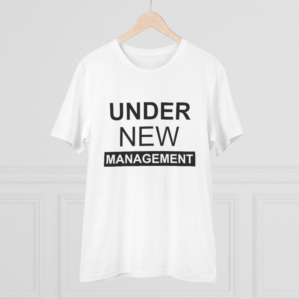 White PC cotton under new management design printed men's t-shirt, half sleeve, round neck, 180GSM thread count