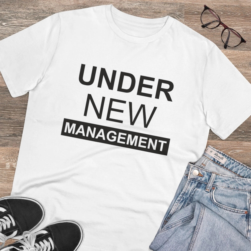 White PC Cotton men's t-shirt with 'Under New Management' design print, 180GSM thread count, suitable for casual occasions