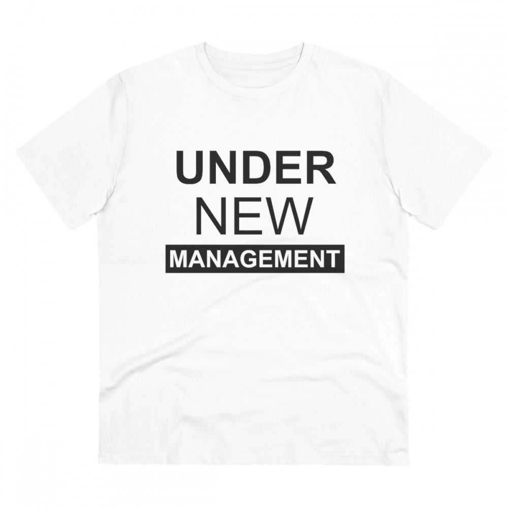 White PC Cotton men's undershirt with 'New Management' design, half sleeve, round neck, 180GSM thread count for casual wear