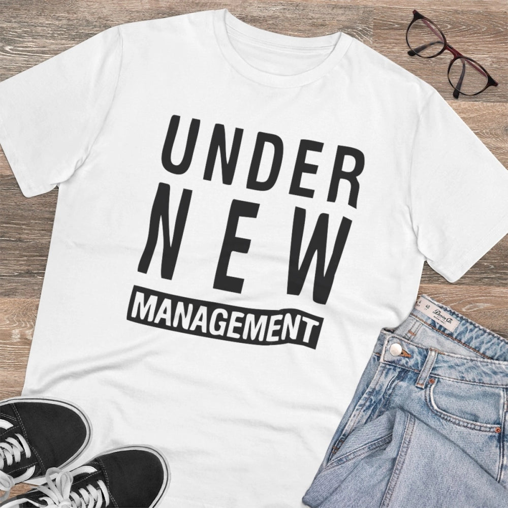 White PC Cotton "Under New Management" design men's half sleeve t-shirt, casual wear