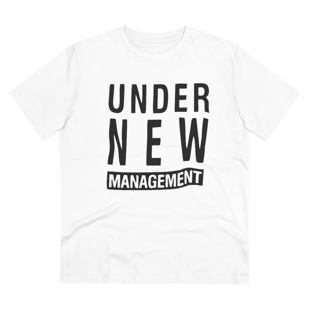 White PC Cotton Under New Management Design Printed Men's T-shirt with half sleeves and round neck, 180GSM thread count