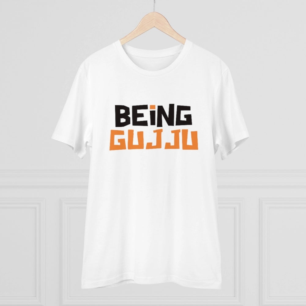 White PC Cotton Being Gujju Printed Men's T-Shirt (180GSM), half sleeve round neck casual wear
