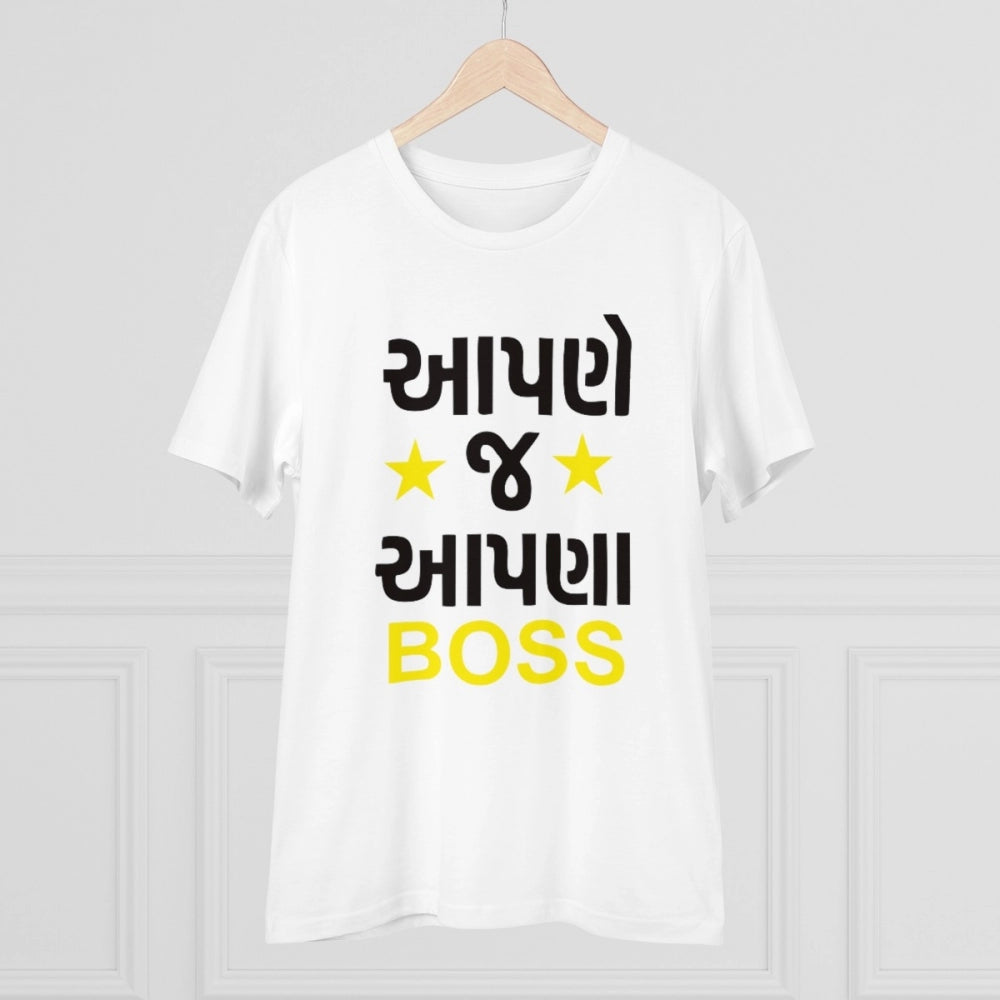 Men's white PC cotton Aapne J Aapna Boss printed half sleeve t-shirt (180GSM), casual wear on model