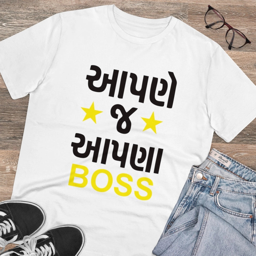 White PC Cotton Men's Aapne J Aapna Boss Printed Half Sleeve T-Shirt (180GSM), casual wear on man