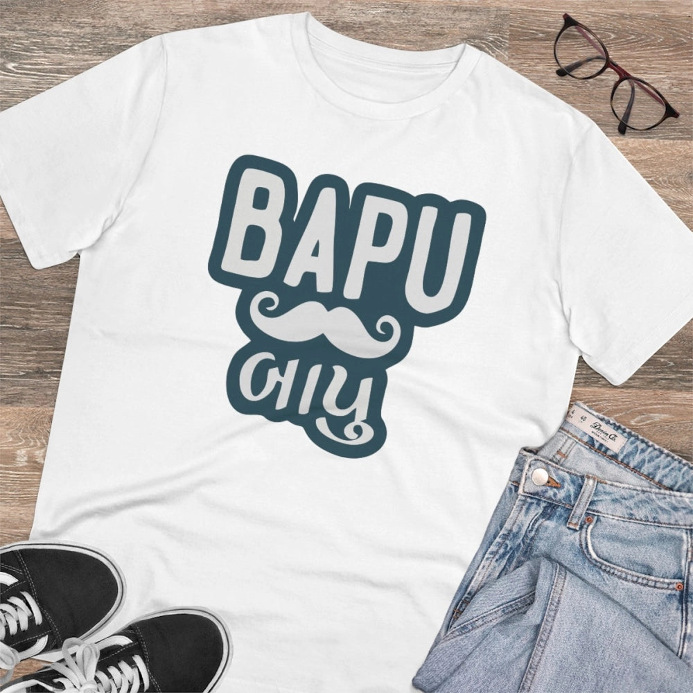 White PC Cotton Baapu Printed Men's T-Shirt, half sleeve, round neck