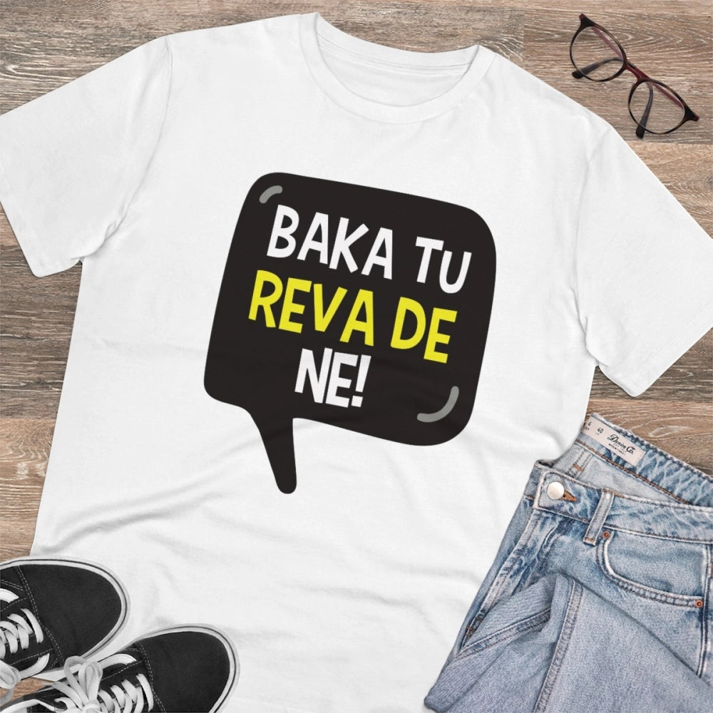 White PC Cotton Baka Tu Reva De Printed T-Shirt (180GSM), men's half sleeve round neck casual tee on model
