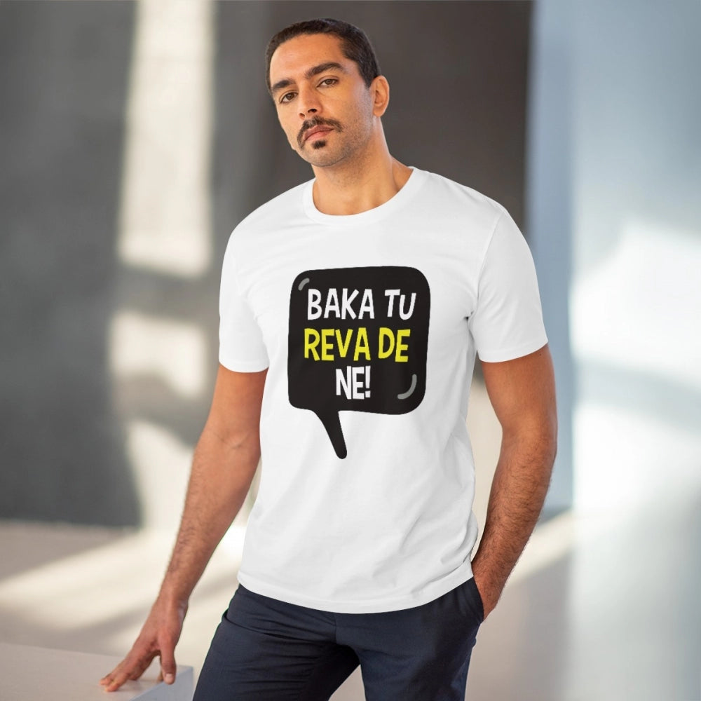 White PC Cotton Baka Tu Reva De Printed T-Shirt (Half Sleeve, Round Neck), men's casual wear on mannequin