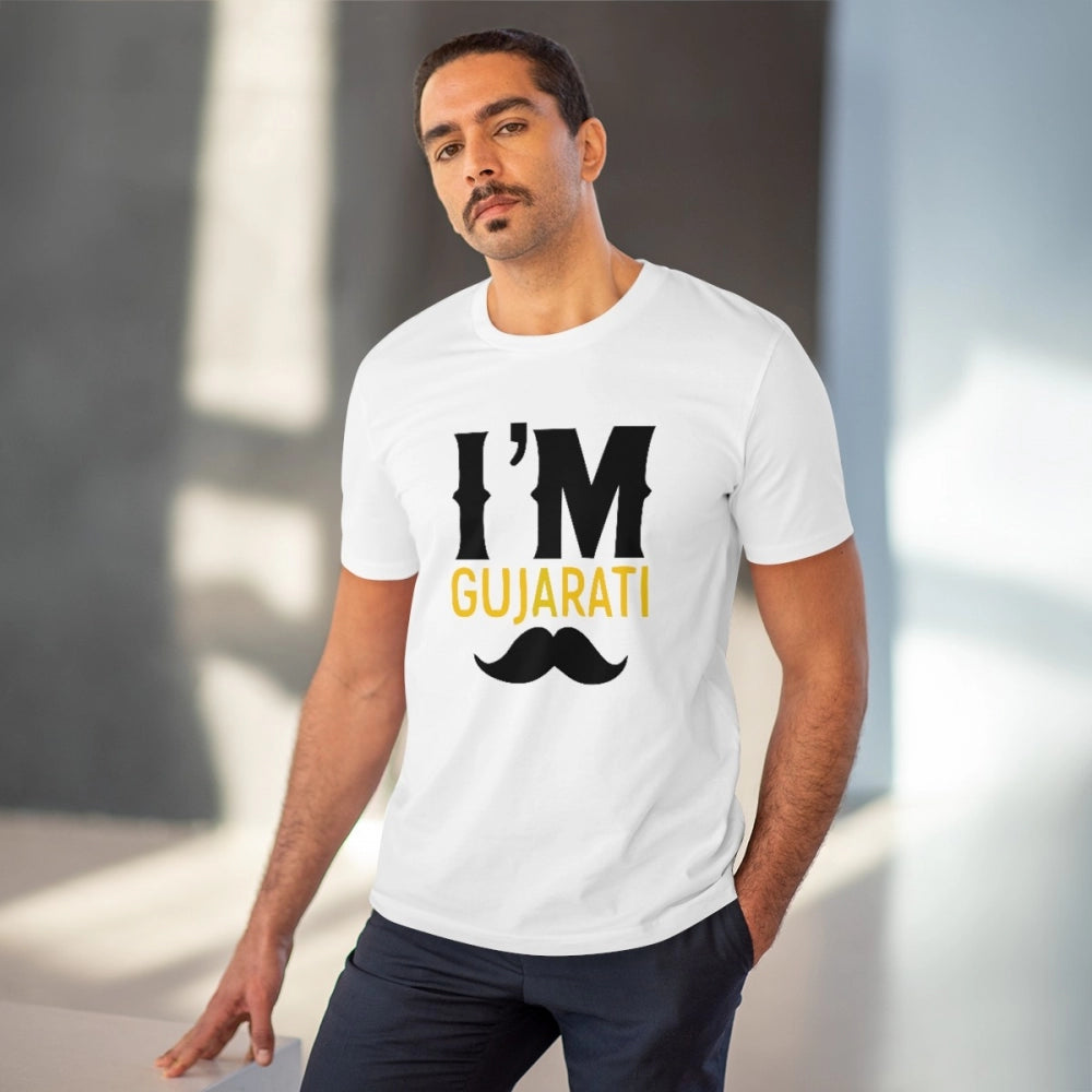 White PC Cotton Men's I Am Gujarati Printed Half Sleeve T-Shirt (180GSM)