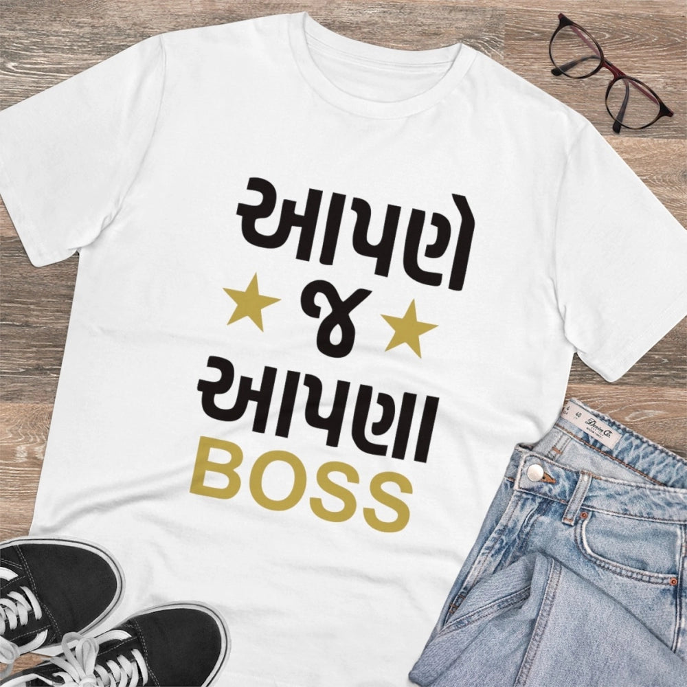 White PC Cotton Men's Aapne J Aapna Boss Printed Half Sleeve T-Shirt (180GSM), casual wear with round neck