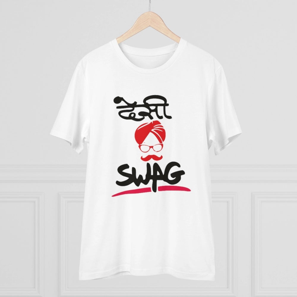White PC Cotton Desi Swag T-shirt, half sleeve with round neck, casual wear for men
