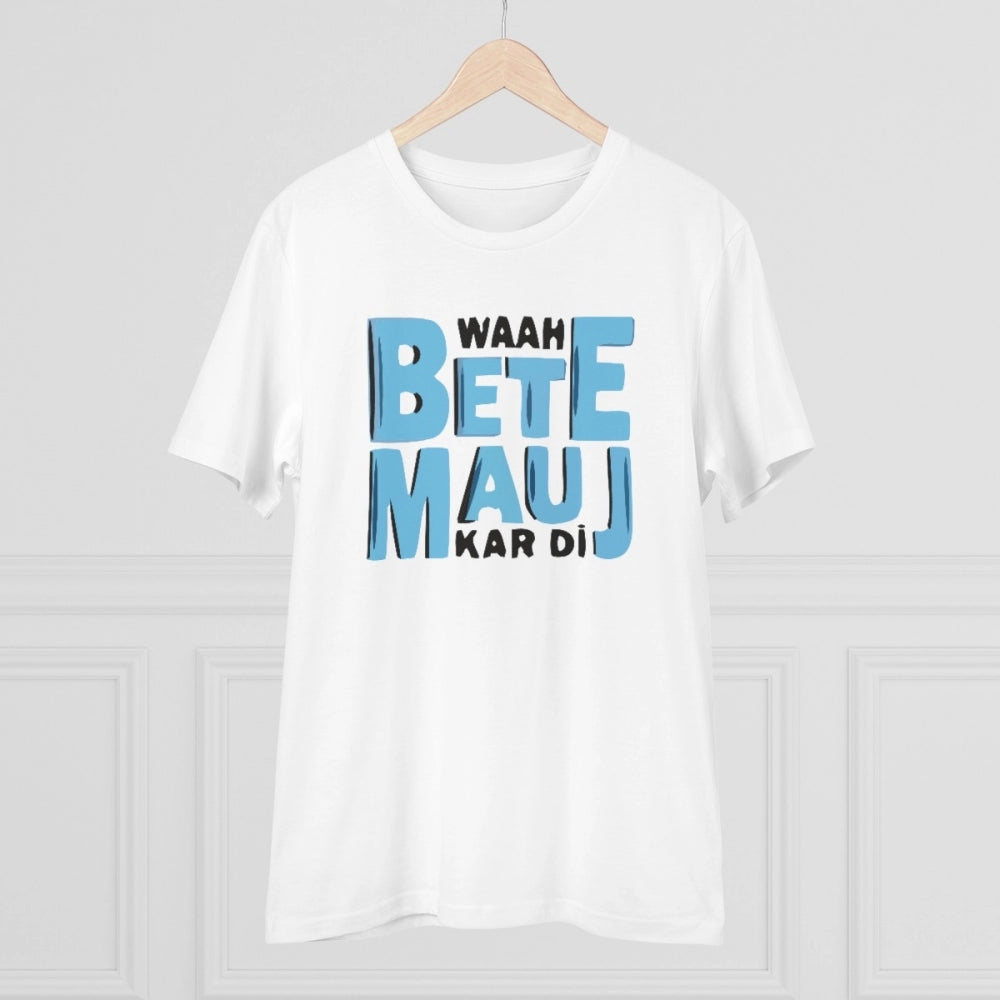 White PC Cotton Mojj Kardi printed men's t-shirt with half sleeves and round neck, 180GSM thread count for casual wear