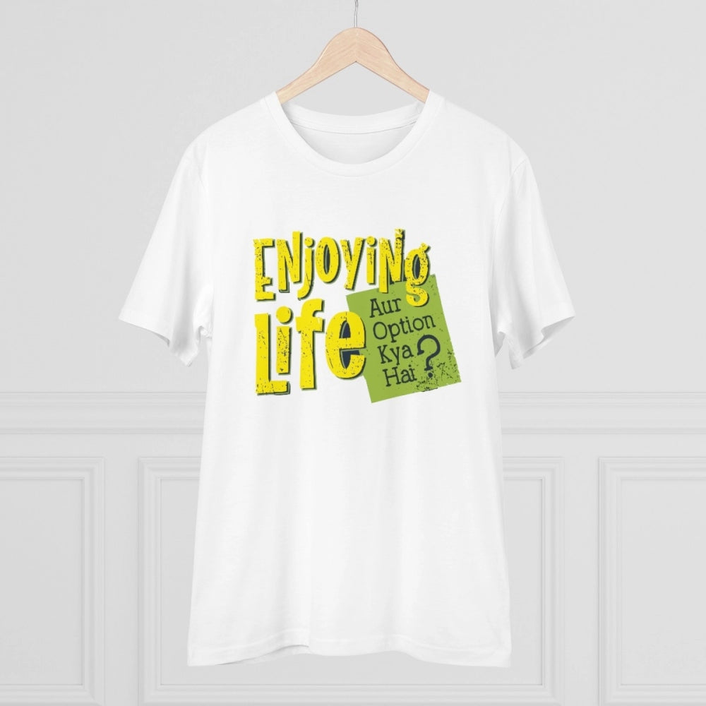 White PC Cotton Men's T-shirt with 'Enjoying Life' print, 180GSM thread count - casual wear