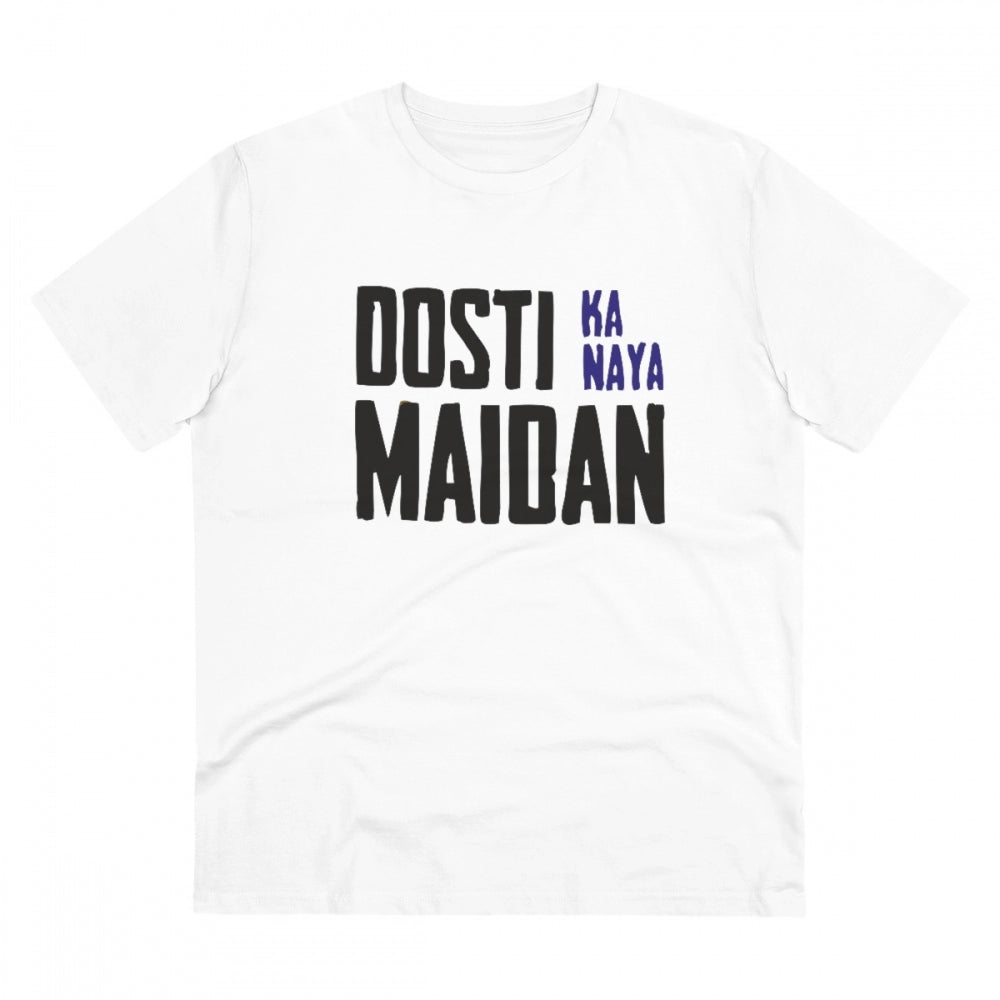Men's white PC Cotton Dosti Ka Naya Maidan printed half-sleeve T-shirt (180GSM), casual wear on model