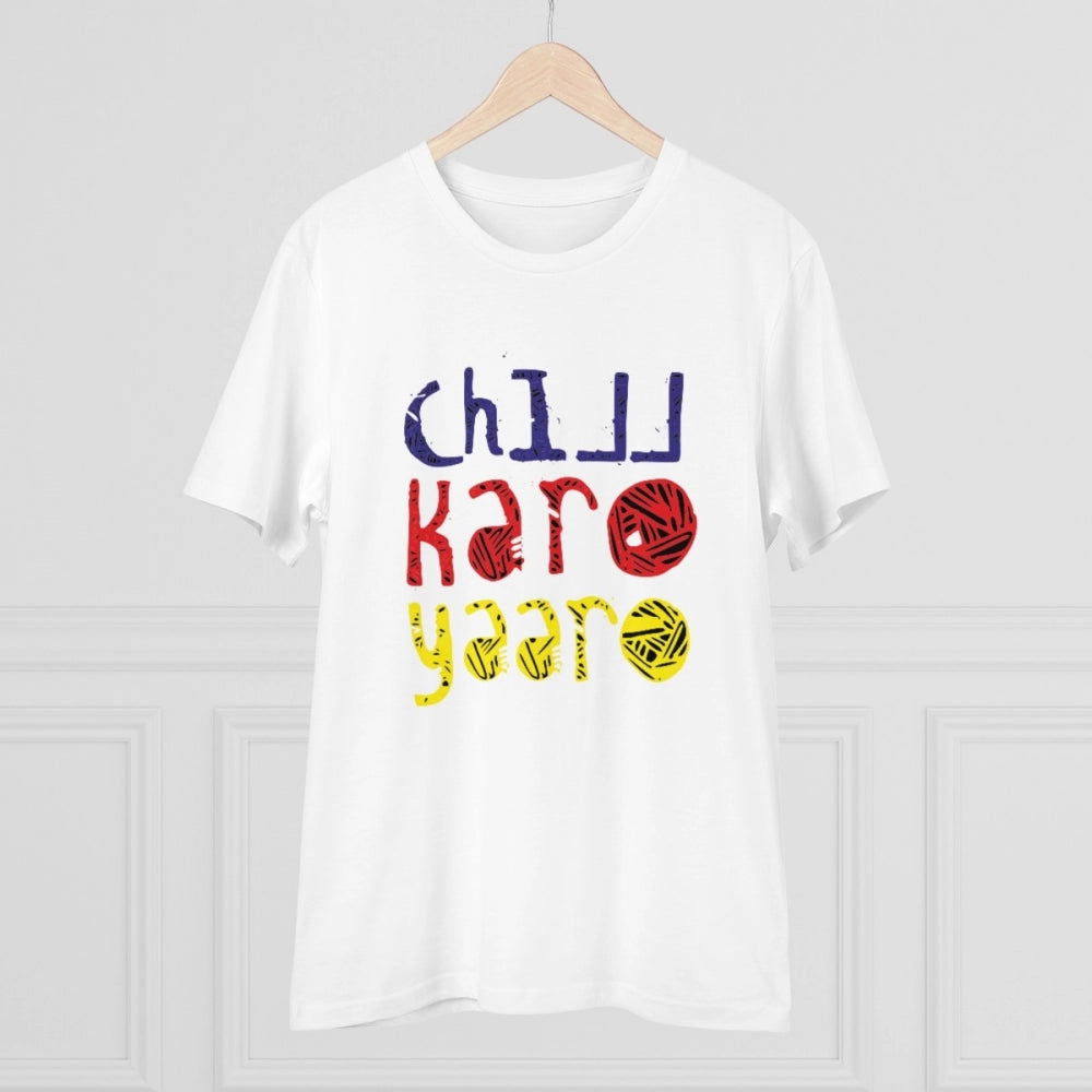 White PC Cotton Chil Karo Yaar printed men's half-sleeve round neck T-shirt (180GSM), casual wear on model