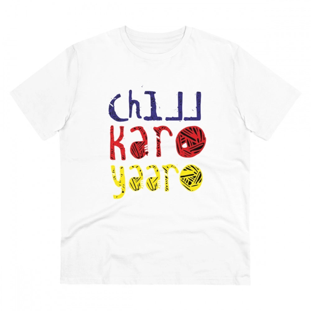 White PC Cotton Men's Chil Karo Yaar Printed T-Shirt (180GSM), half sleeve round neck casual wear