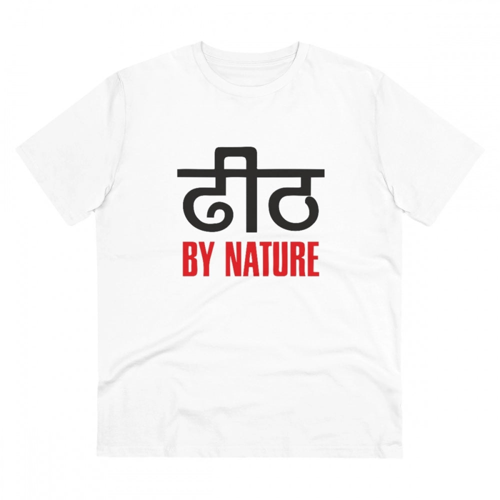 White PC Cotton Men's Dhidh Nature Printed Half Sleeve T-Shirt (180GSM), casual wear on model