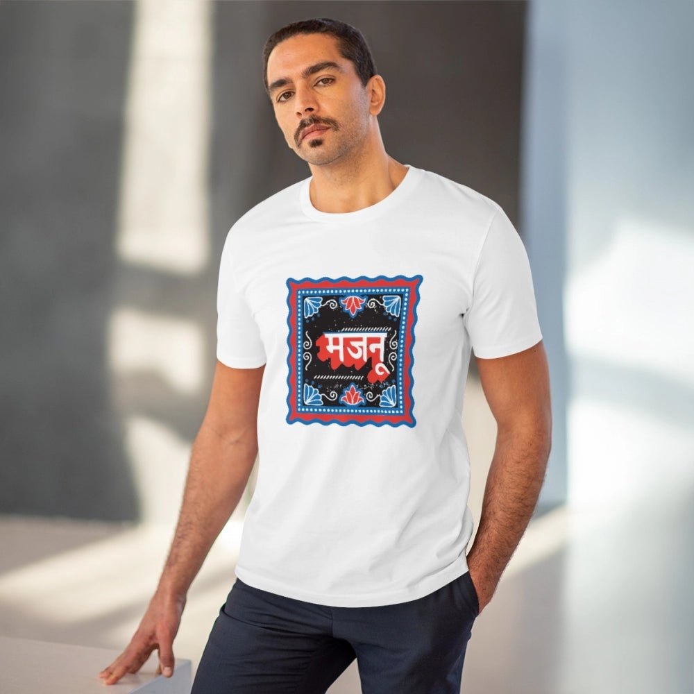 White PC Cotton Majanu printed men's half sleeve t-shirt with round neck, casual wear