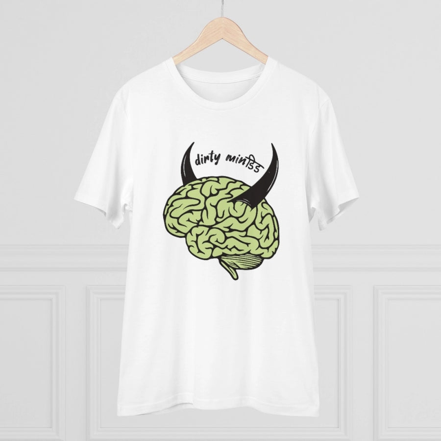 White PC Cotton Men's Dirty Minddid Printed Half Sleeve T-Shirt (180GSM), casual wear on mannequin