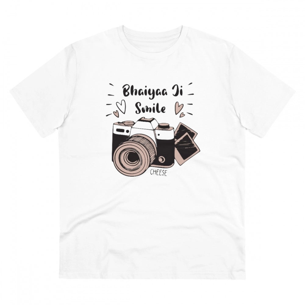 White PC Cotton Bhaiya Ji Smile Printed Men's T-Shirt (180GSM), half sleeve round neck, casual occasion