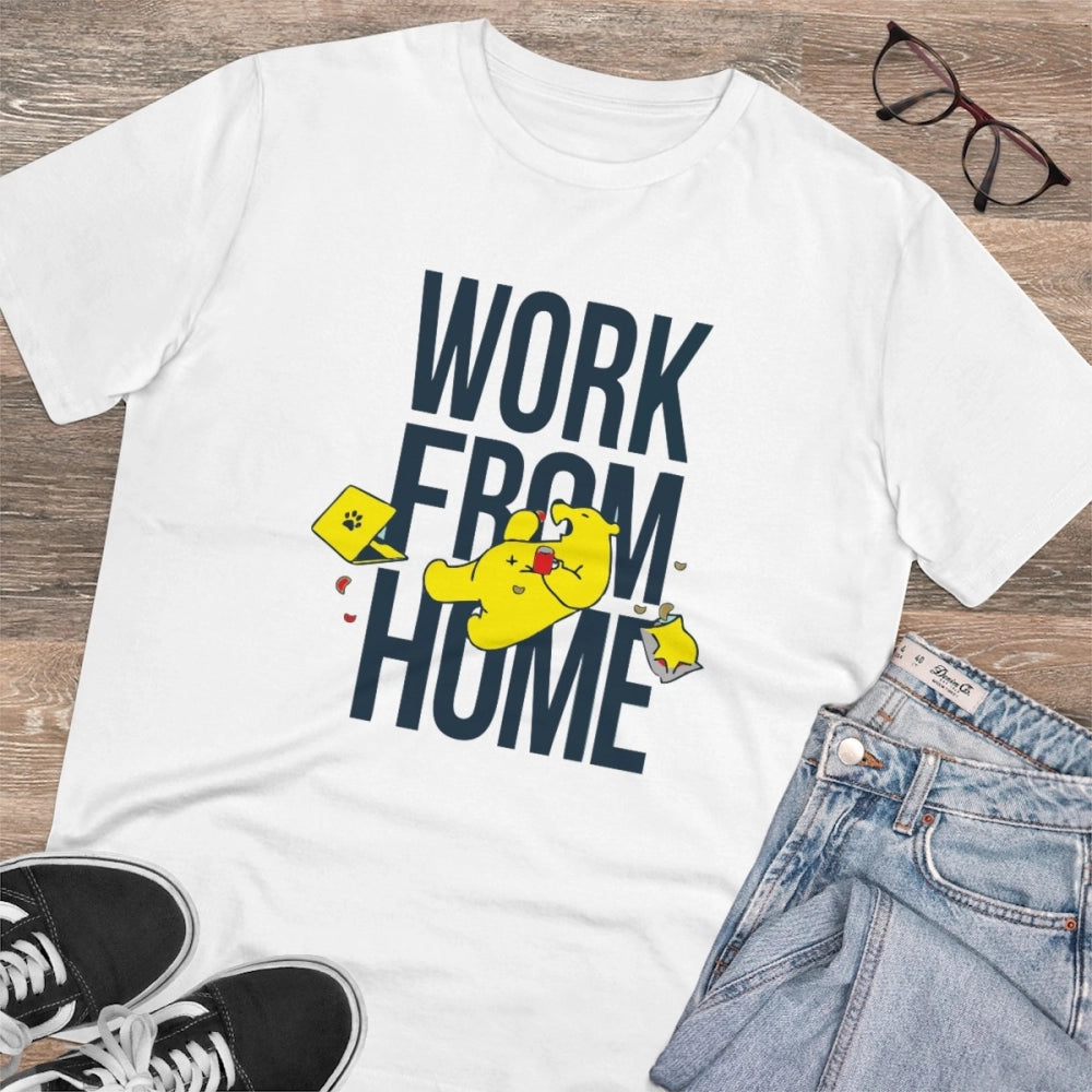 White PC Cotton Work From Home Desing Printed T-Shirt for Men, half sleeve with round neck, 180GSM thread count