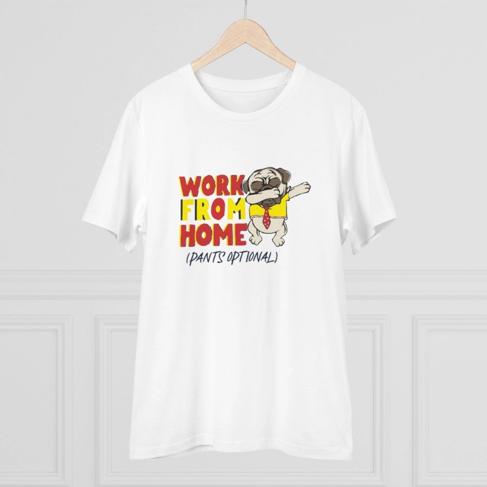 White PC cotton work from home design printed T-shirt (Half sleeve, Round neck), suitable for casual occasions