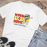 White PC Cotton Work From Home Design Printed T-Shirt (180GSM), half sleeve, round neck on man modeling casually at home office