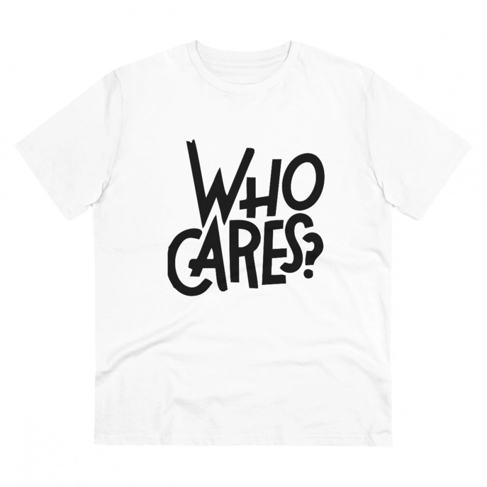 White PC Cotton Men's Who Cares Printed T-Shirt (180GSM), casual wear with half sleeves and round neck
