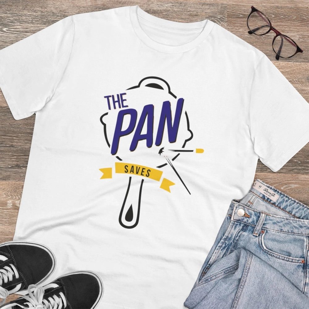 White PC Cotton Men's The Pan Pubg Printed Half Sleeve T-Shirt, 180GSM - casual wear with PUBG graphic design on front
