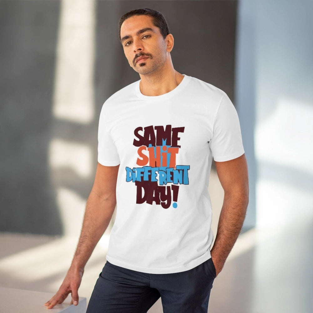 White PC Cotton Men's T-shirt with 'Same Shit Different Day' print for casual occasions