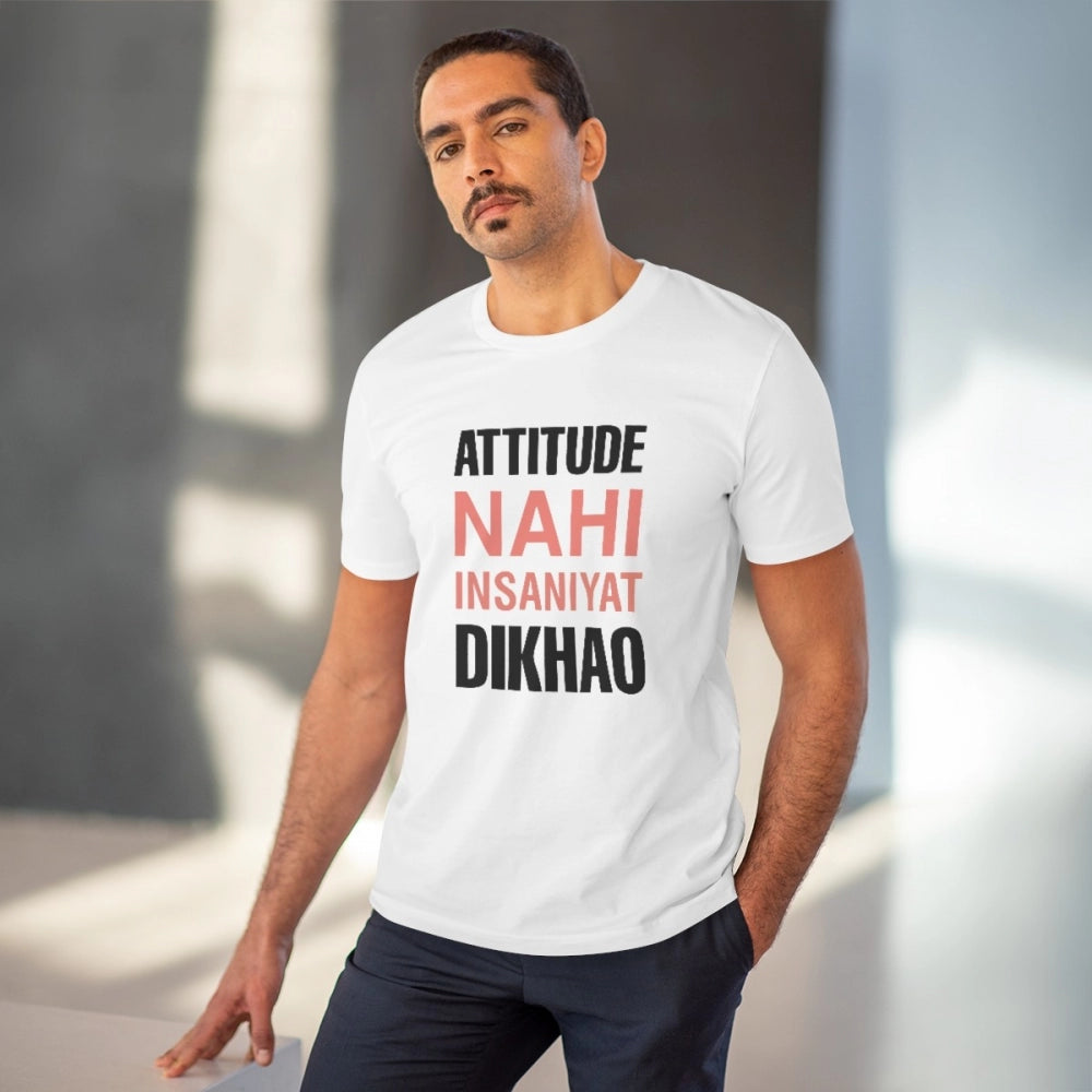 White PC Cotton Attitude Nahi Insaniyat Dikhao T-shirt (180GSM), half sleeve, round neck for men, casual occasion
