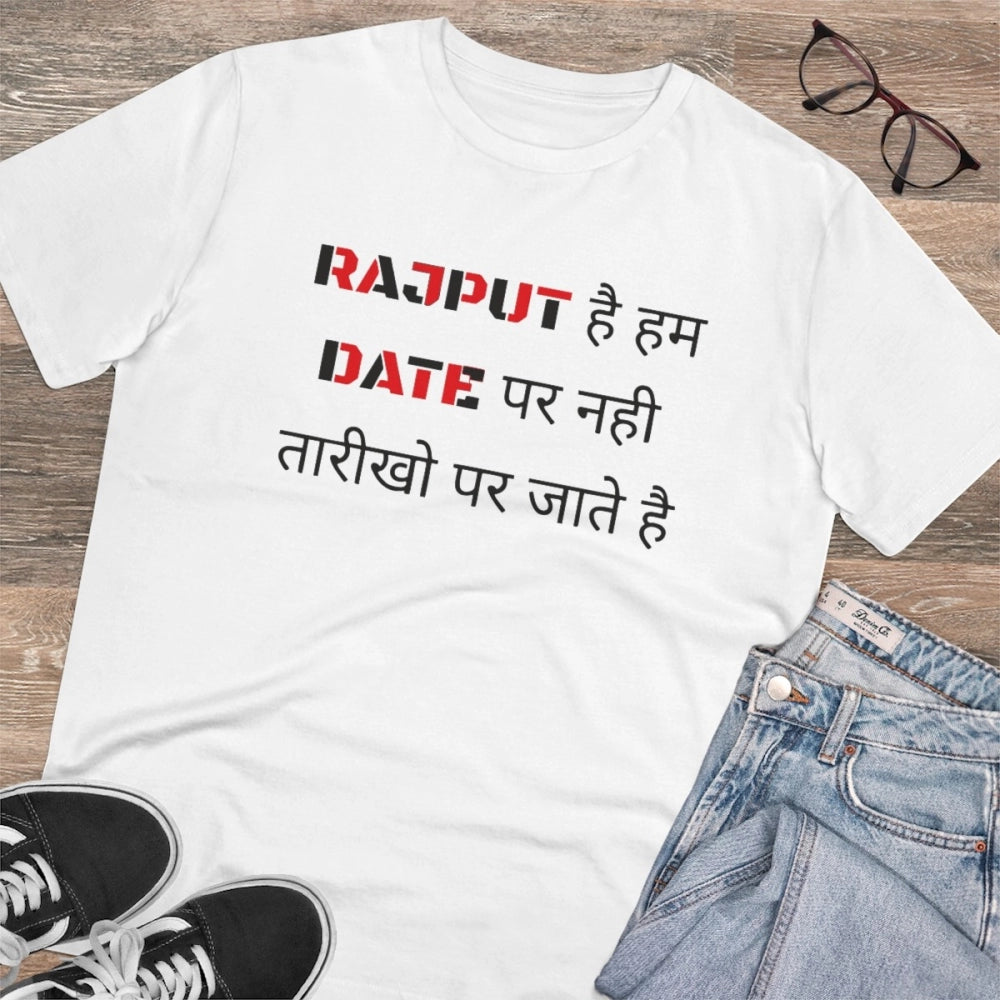 White PC Cotton Rajput Hai Hum Date Par Nahi Tarikho Par Jate Hai men's half-sleeve t-shirt, 180GSM thread count