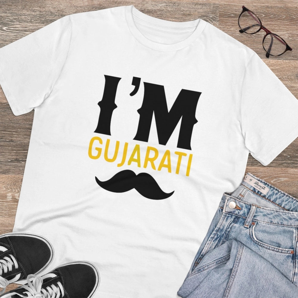 White PC Cotton men's I Am Gujarati half sleeve t-shirt, casual occasion wear