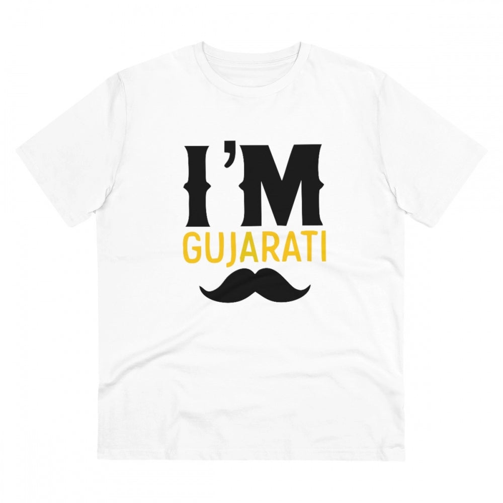 White PC Cotton Men's I Am Gujarati Printed Half-Sleeve T-Shirt, 180GSM thread count
